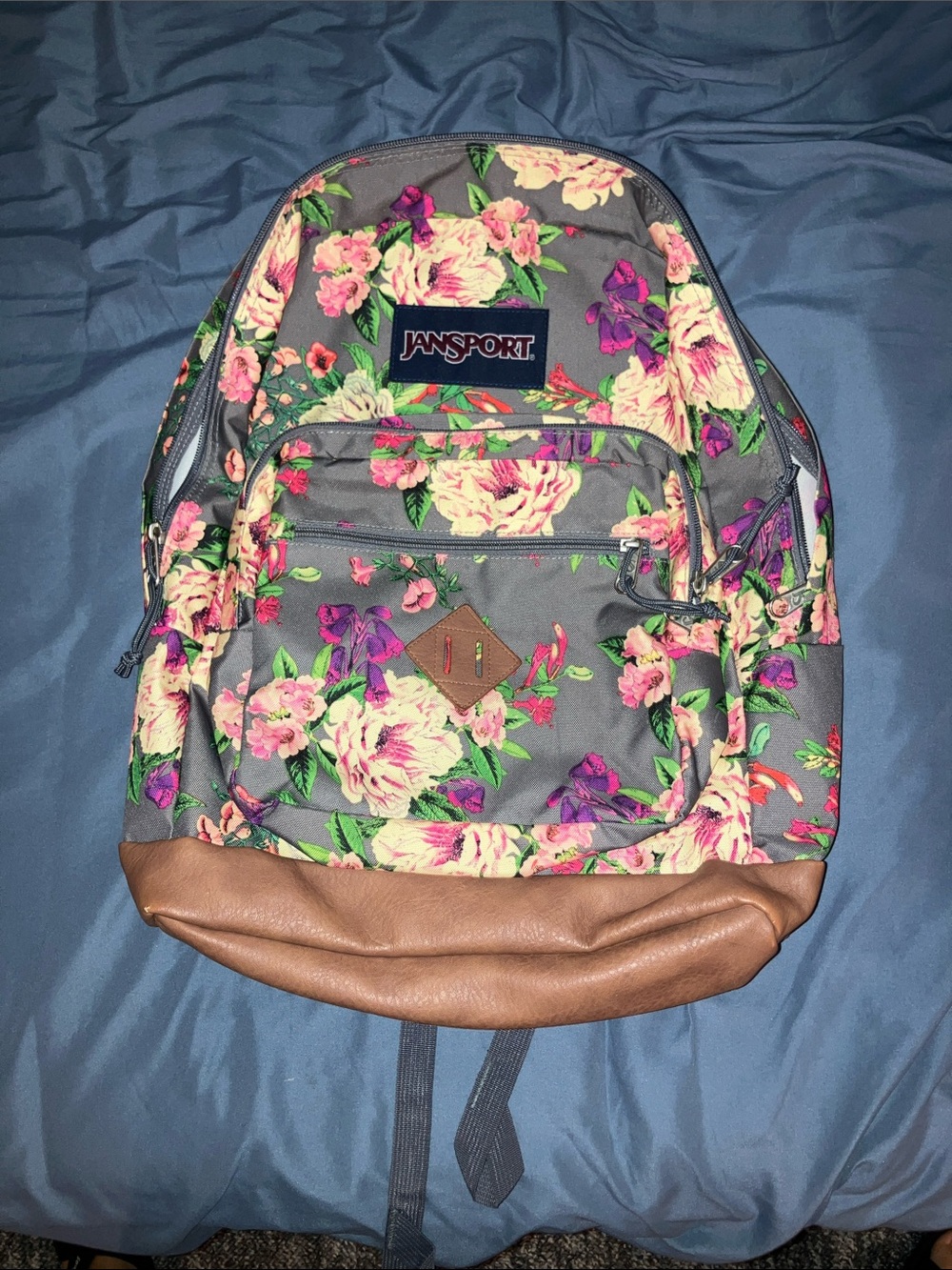 Jansport Gray Floral Backpack with Brown Base